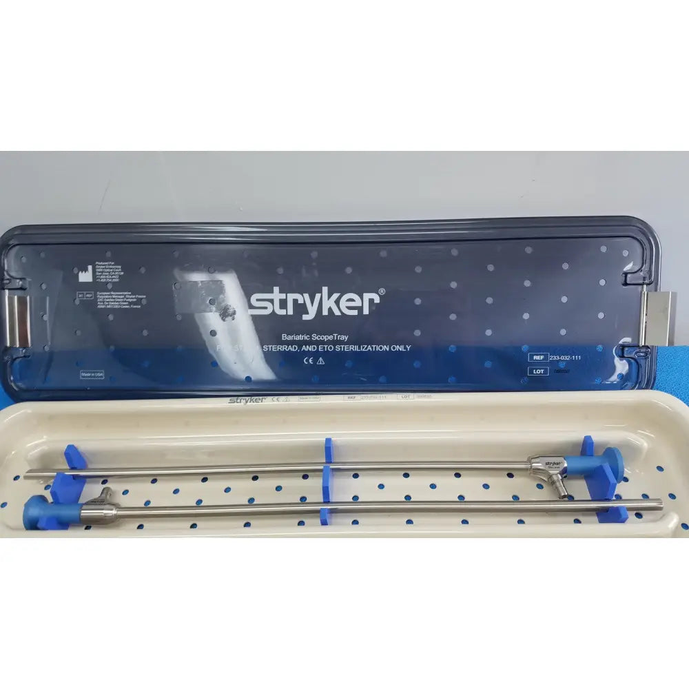 Stryker 502-210-010 ideal eyes 10mm autoclavable surgical instrument set in blue and white polka dot bariatric scope tray