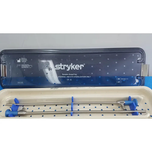 Stryker 502-210-010 ideal eyes 10mm autoclavable surgical instrument set in blue and white polka dot bariatric scope tray