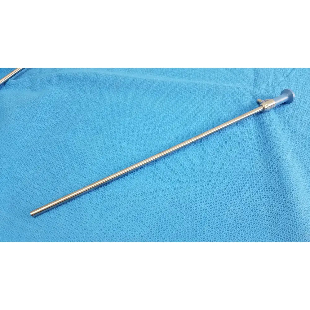A sleek metallic ideal eyes 10mm surgical endoscope with a slender body and blue-tipped handle for medical use