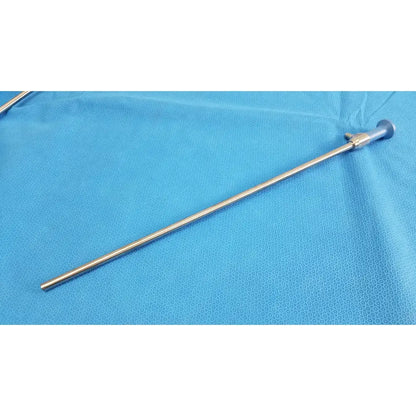 A sleek metallic ideal eyes 10mm surgical endoscope with a slender body and blue-tipped handle for medical use