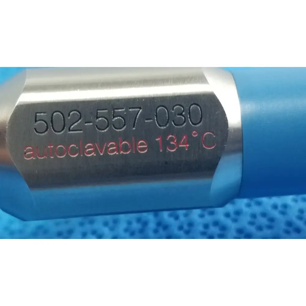 Silver metallic cylindrical ideal eyes 10mm medical instrument part with engraved serial number and red autoclavable 134°c marking