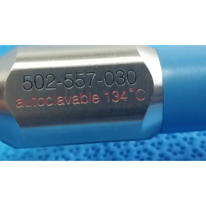 Silver metallic cylindrical ideal eyes 10mm medical instrument part with engraved serial number and red autoclavable 134°c marking