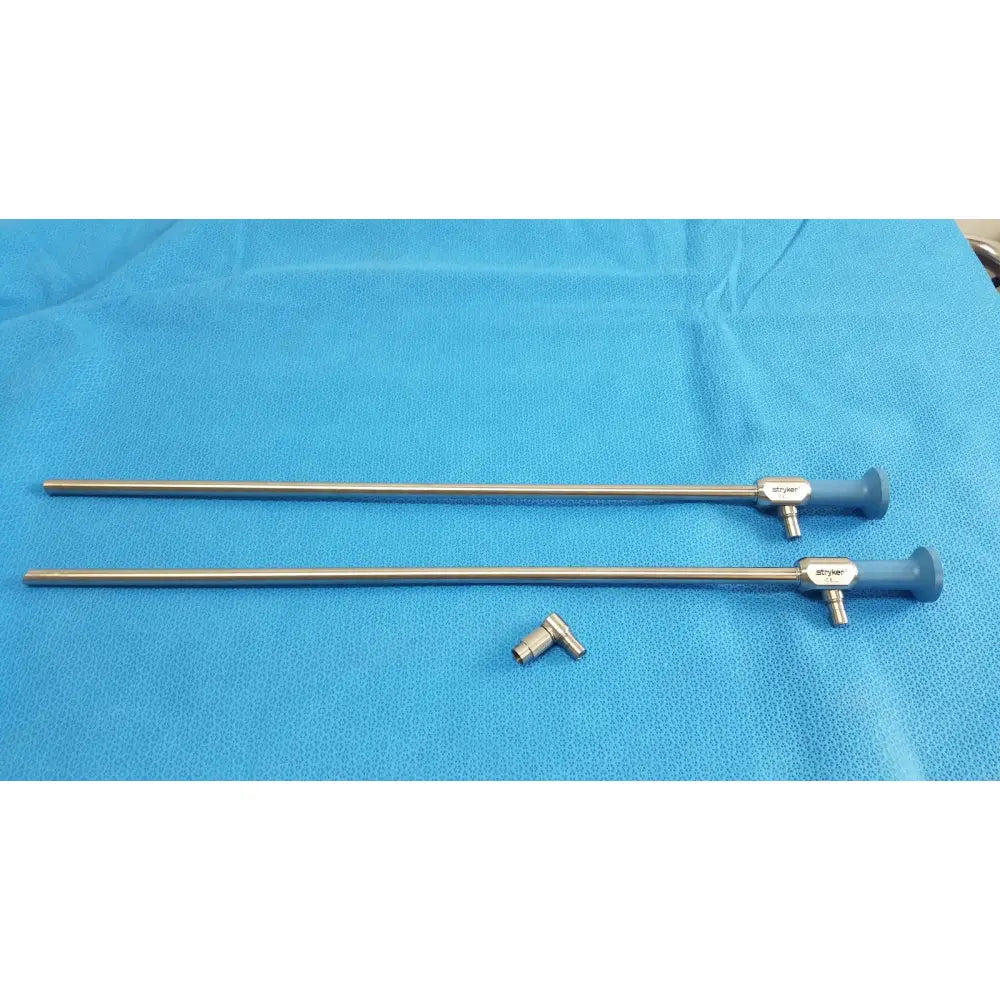 Two metallic ideal eyes 10mm surgical endoscopes with blue ergonomic handles by stryker, autoclavable design
