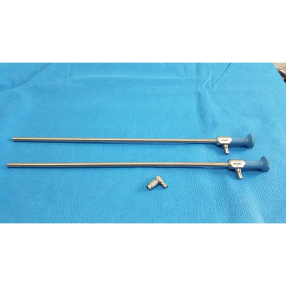Two metallic ideal eyes 10mm surgical endoscopes with blue ergonomic handles by stryker, autoclavable design