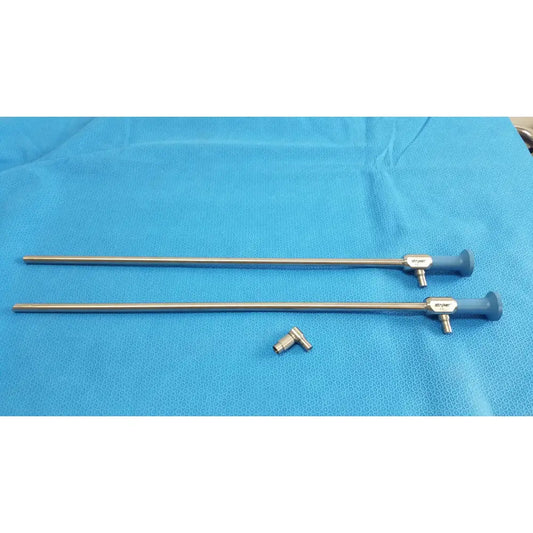 Two metallic ideal eyes 10mm surgical endoscopes with blue ergonomic handles by stryker, autoclavable design