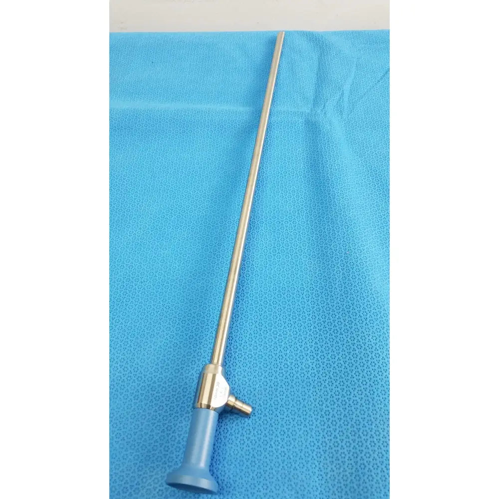 Silver surgical endoscope with blue ergonomic handle and metallic joints from Stryker ideal eyes 10mm autoclavable set