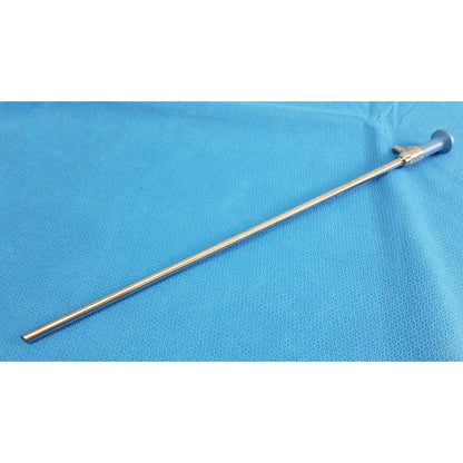 Silver surgical endoscope with slender metallic shaft and rounded handle ideal eyes 10mm autoclavable with trey