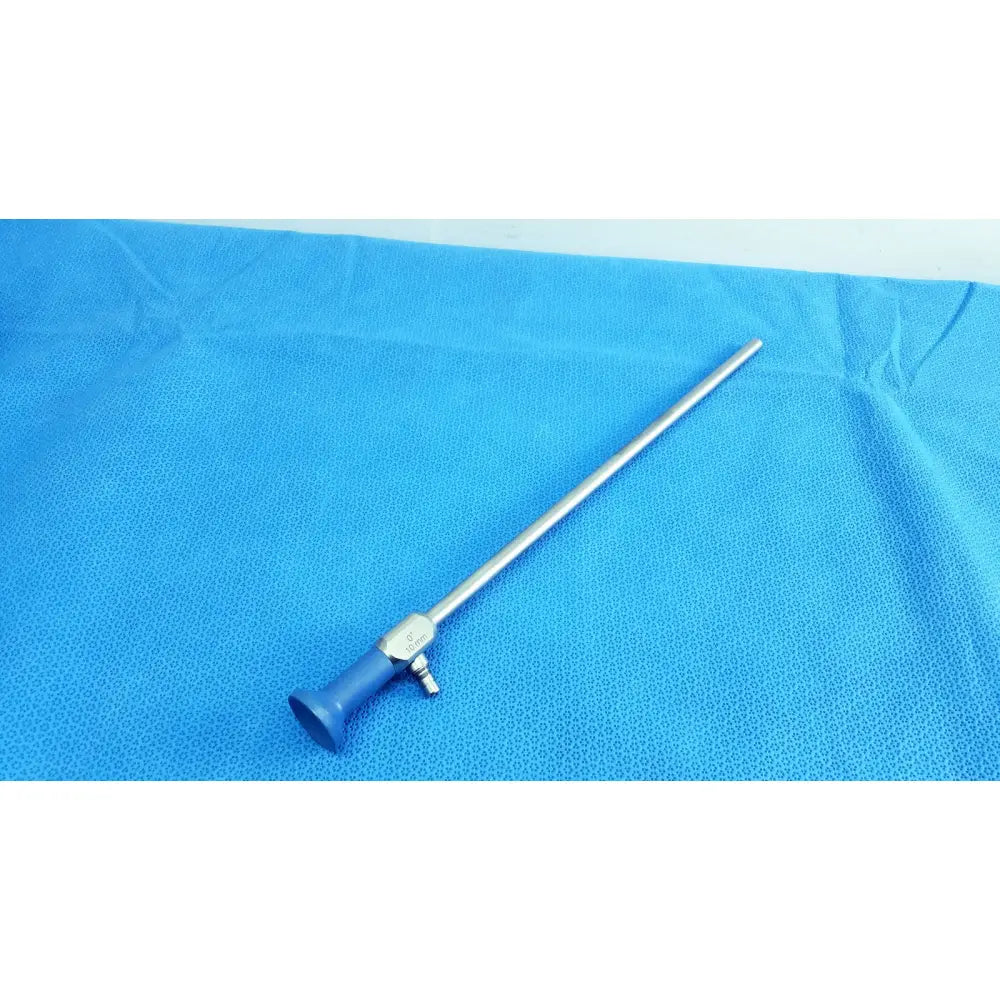 Stryker 502-457-010 10mm 0° autoclavable endoscope with silver surgical instrument and blue handle for reuse medical use