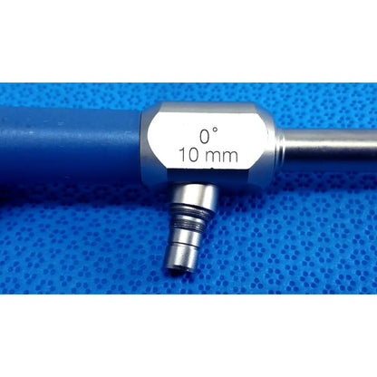 Silver metallic stryker 502-457-010 10mm 0° autoclavable endoscope with blue handle and engraved marking for reuse medical use