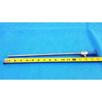 Silver stryker 502-457-010 10mm 0° autoclavable endoscope with blue ergonomic handle and metallic joints on measuring tape