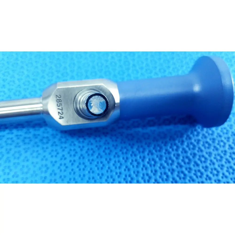 Blue-handled metallic hexagonal head stryker 10mm 0° autoclavable endoscope with engraved serial number 285724
