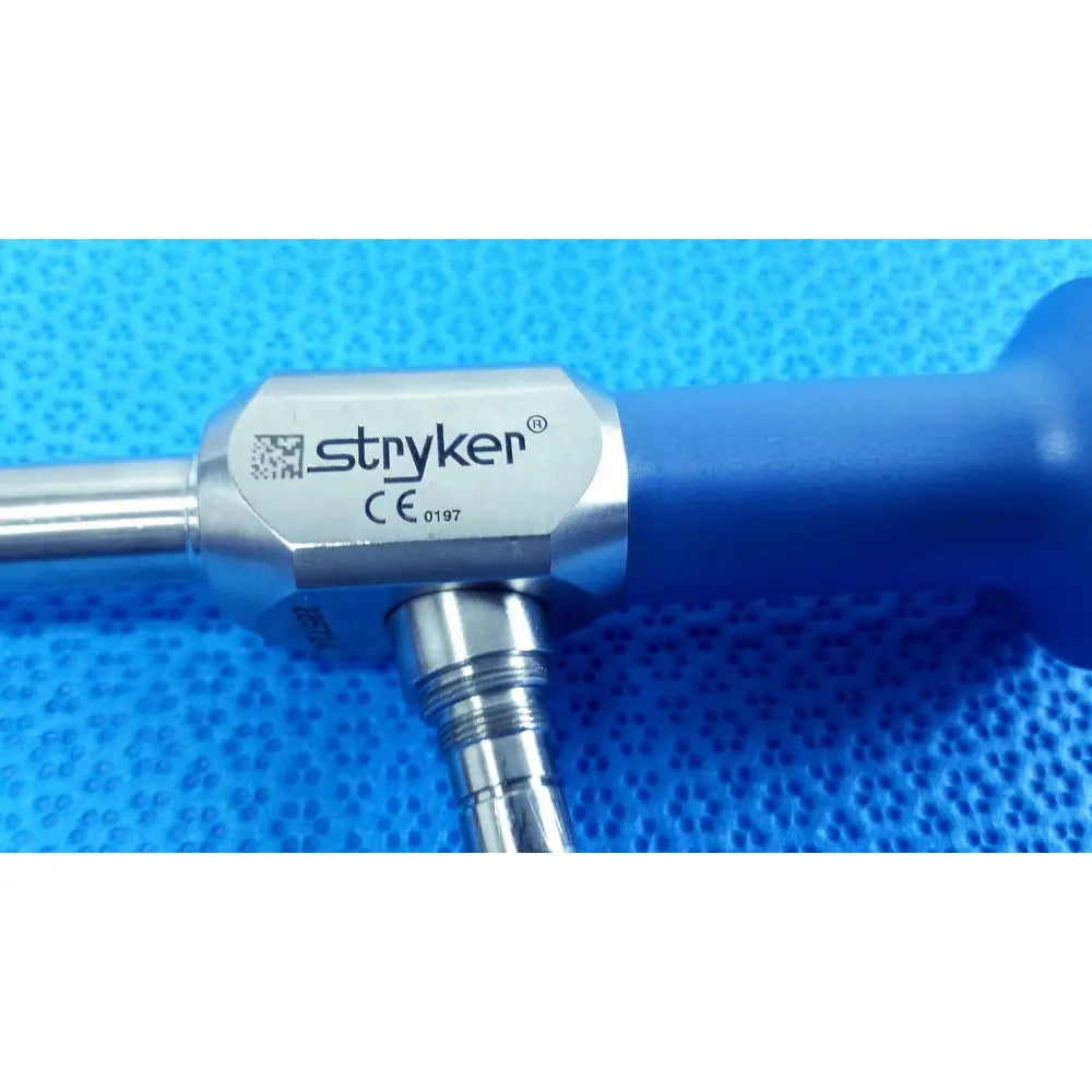 Stryker 502-457-010 10mm 0° autoclavable endoscope with metallic silver body and blue ergonomic handle for reuse medical use