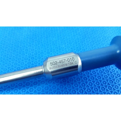 Blue-handled stryker 10mm 0° autoclavable endoscope with metallic shaft and engraved serial number 502-457-010 for reuse medical use