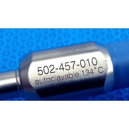 Silver metallic stryker 502-457-010 10mm 0° autoclavable endoscope with engraved serial number and sterilization marking