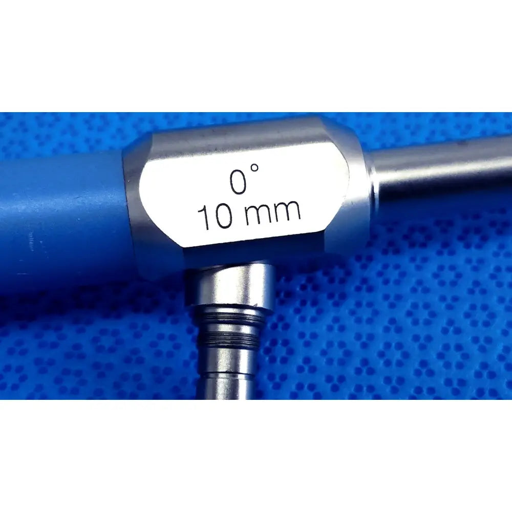 Silver metallic stryker 502-457-010 10mm 0° autoclavable endoscope with blue handle and reuse medical label