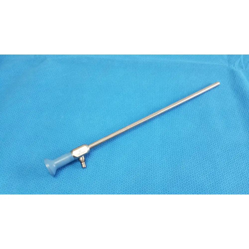 Silver stryker 502-457-010 10mm 0° autoclavable endoscope with light blue plastic handle and metallic joints for reuse medical use