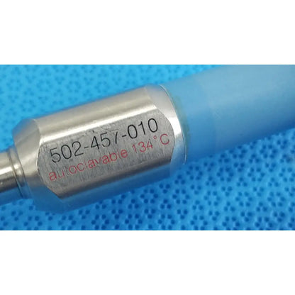 Silver metallic 10mm 0° autoclavable endoscope with blue grip labeled 502-457-010 for reuse medical use
