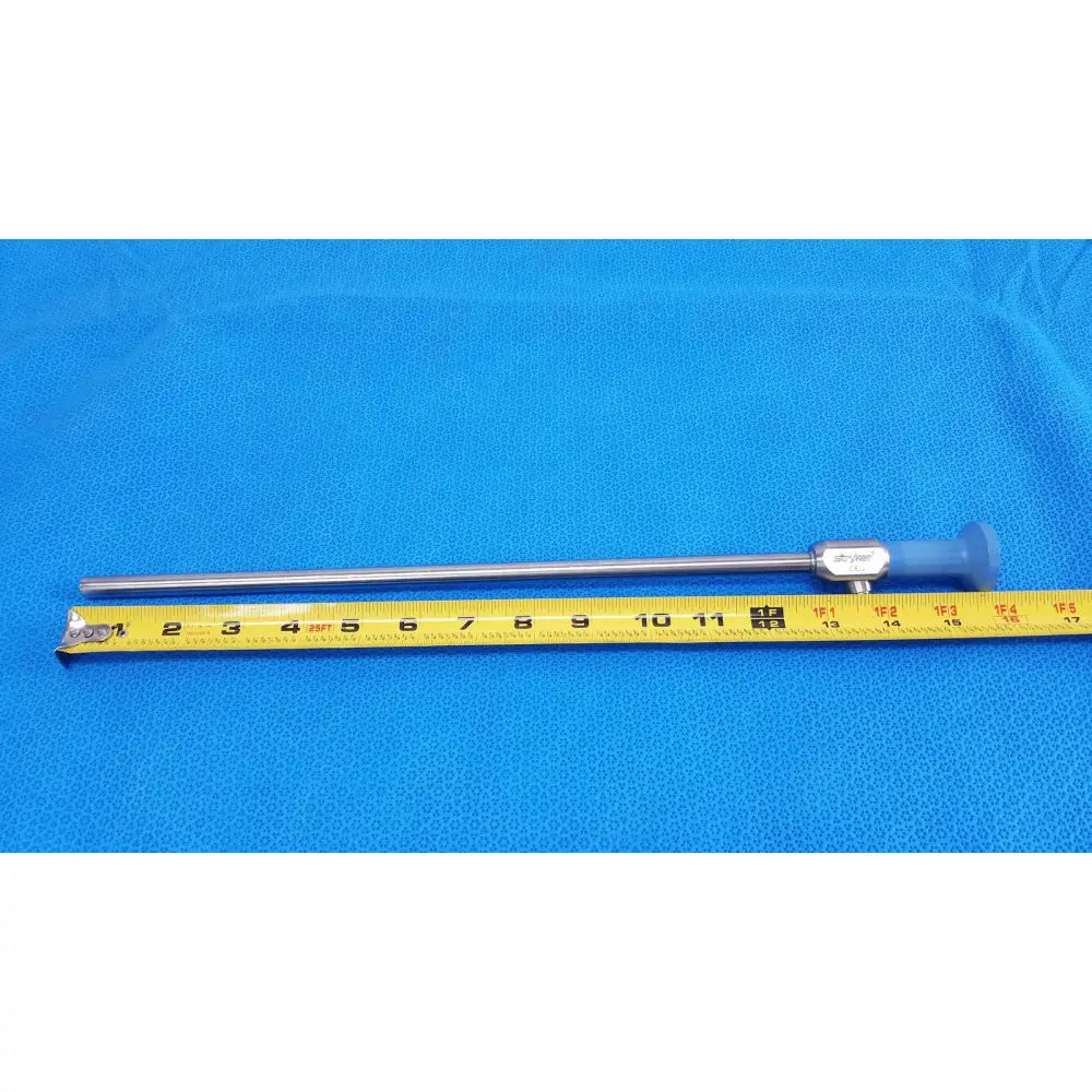 Silver stryker 10mm 0° autoclavable endoscope with blue handle and engraved brand name for reuse medical applications