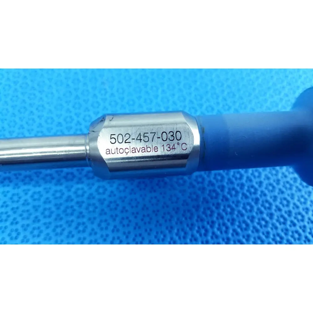 Silver metallic stryker 502-457-030 10mm 30° autoclavable endoscope with blue handle and engraved serial number for reuse medical use