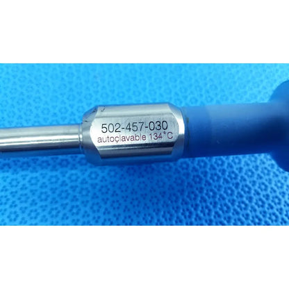 Silver metallic stryker 502-457-030 10mm 30° autoclavable endoscope with blue handle and engraved serial number for reuse medical use