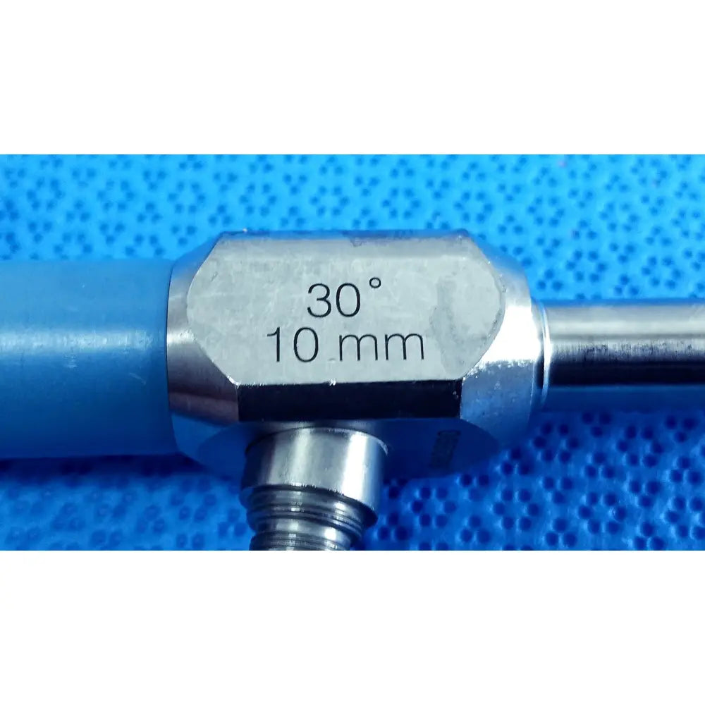 Stryker 502-457-030 10mm 30° autoclavable endoscope with a metallic angled shaft and blue plastic handle for reuse medical use