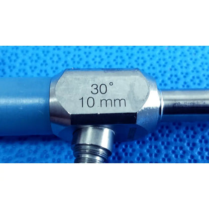 Stryker 502-457-030 10mm 30° autoclavable endoscope with a metallic angled shaft and blue plastic handle for reuse medical use