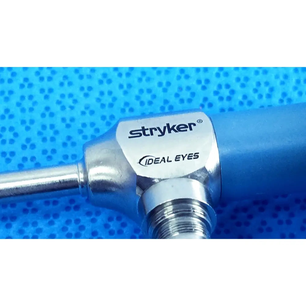 Stryker 502-539-010 ideal eyes 5mm endoscope with metallic silver body and blue handle for surgical use