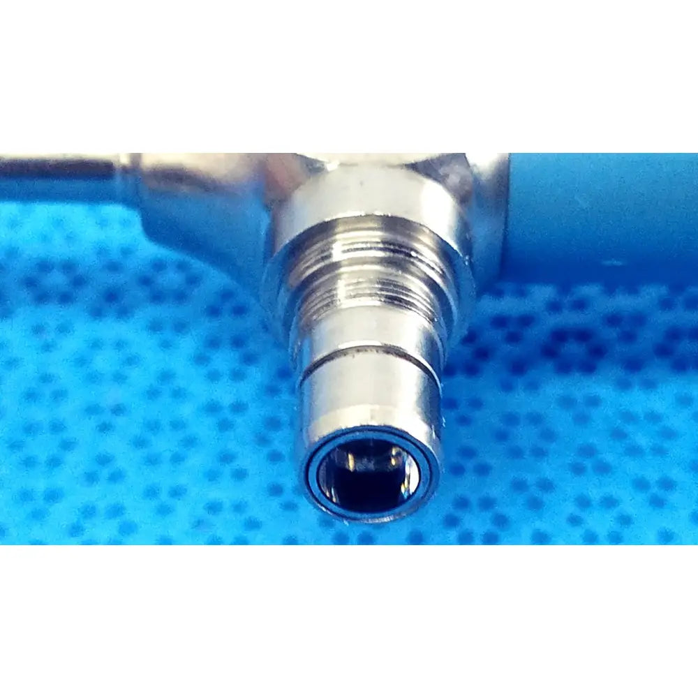 Silver metallic dental handpiece connector with blue handle and threaded fittings for stryker ideal eyes 5mm endoscope