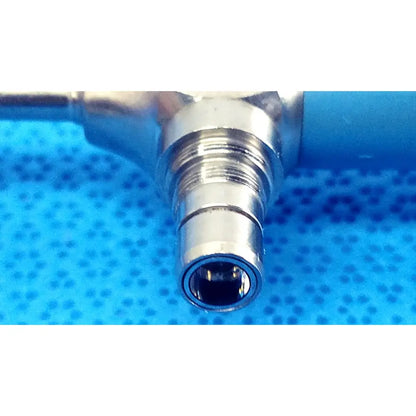 Silver metallic dental handpiece connector with blue handle and threaded fittings for stryker ideal eyes 5mm endoscope