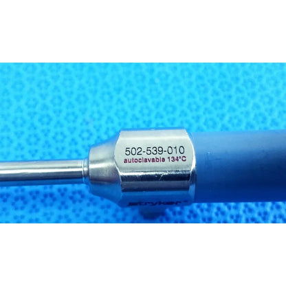 Blue-handled metallic stryker ideal eyes 5mm autoclavable endoscope with engraved model number and autoclave instructions