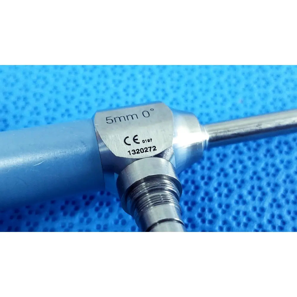 Silver ideal eyes 5mm autoclavable endoscope with blue handle and metallic shaft marked 5mm 0 degrees head