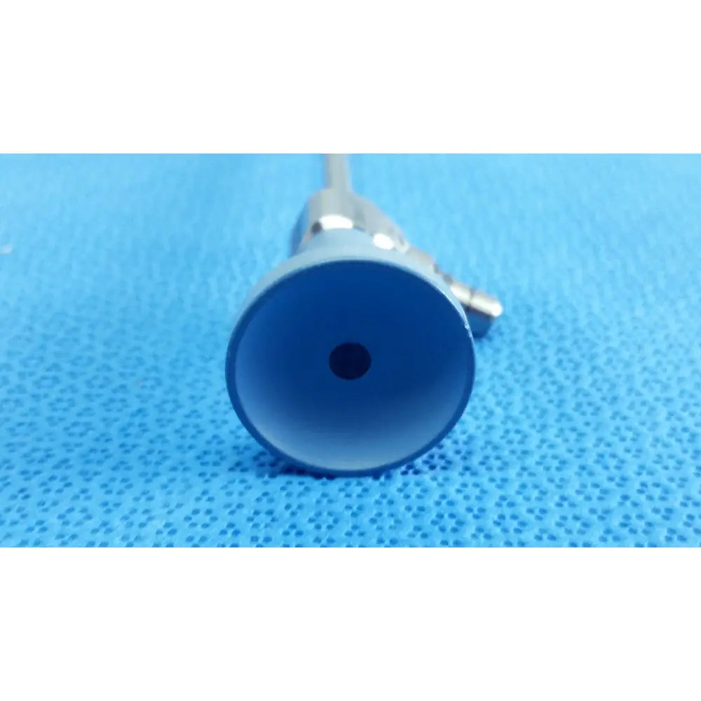 Blue plastic end cap with central hole attached to metallic shaft of stryker ideal eyes 5mm autoclavable endoscope