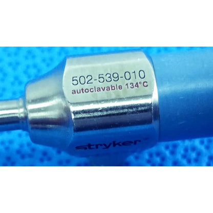 Silver metallic stryker ideal eyes 5mm autoclavable endoscope with blue handle labeled 502-539-010 134°c