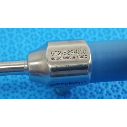 Silver metallic Stryker ideal eyes 5mm autoclavable endoscope with blue handle marked 134°C for surgical use