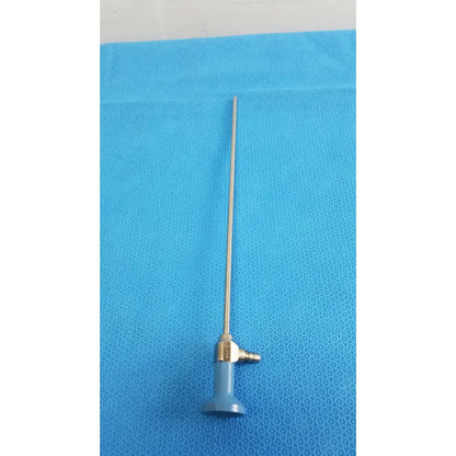 Silver surgical endoscope with blue plastic handle and brass fittings stryker ideal eyes 5mm autoclavable endoscope
