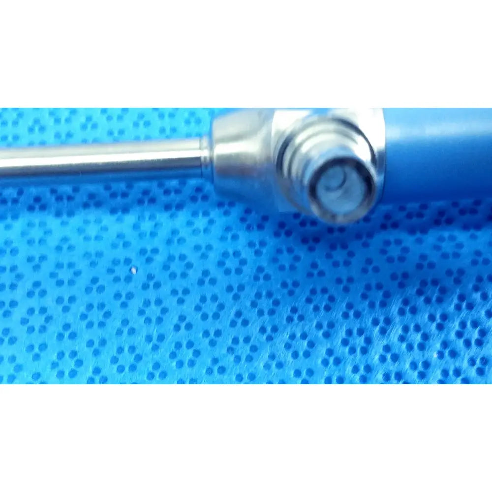 Blue cylindrical vape pen with metallic silver mouthpiece and threaded connection paired with ideal eyes 5mm endoscope