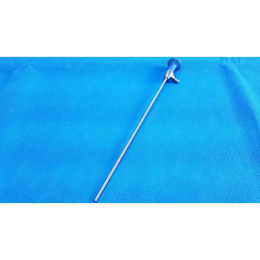 Silver ideal eyes 5mm surgical endoscope with blue-handled control knob for precise medical use by stryker