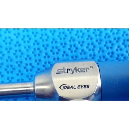 Stryker ideal eyes 5mm 0 degree endoscope with metallic finish and blue handle for surgical use