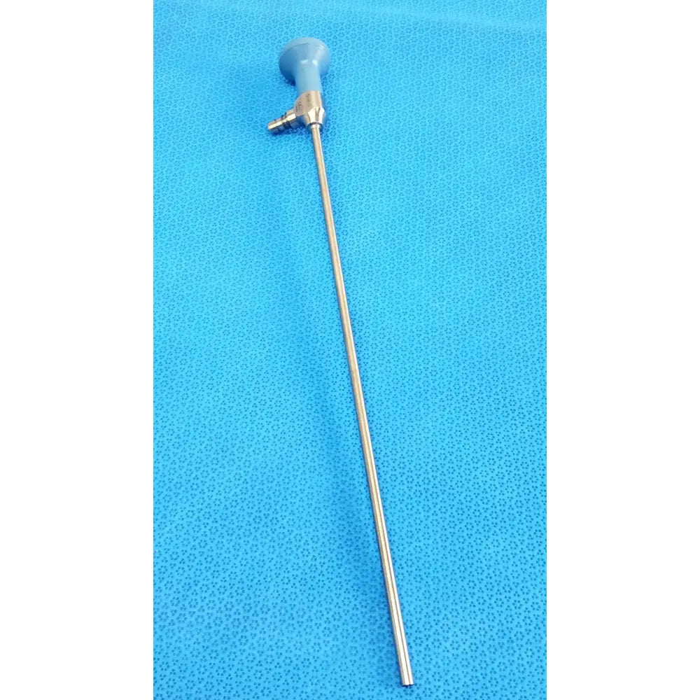 Silver surgical laryngoscope with light blue handle and brass joints part of stryker ideal eyes 5mm autoclavable endoscope