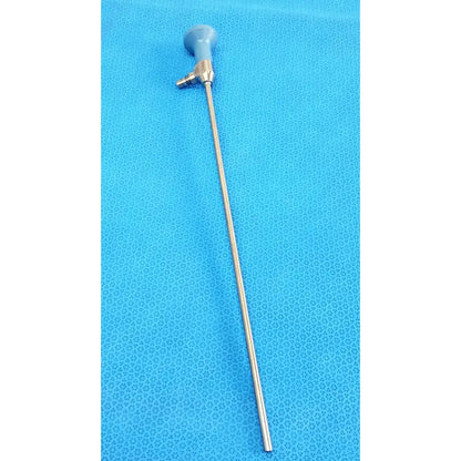 Silver surgical laryngoscope with light blue handle and brass joints part of stryker ideal eyes 5mm autoclavable endoscope