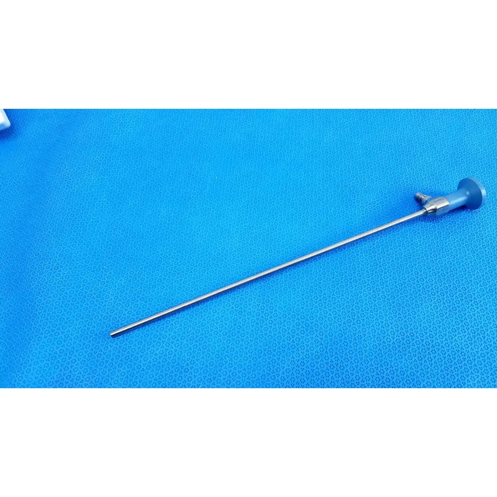 Silver ideal eyes 5mm autoclavable endoscope with blue-handled control knob and metallic shaft by Stryker