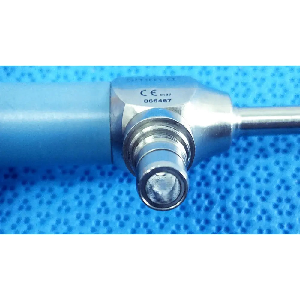 Silver surgical instrument with blue handle and metallic connector from stryker ideal eyes 5mm autoclavable endoscope