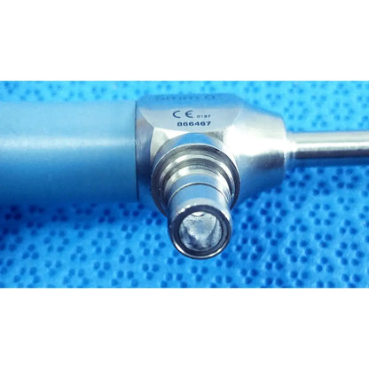 Silver surgical instrument with blue handle and metallic connector from stryker ideal eyes 5mm autoclavable endoscope