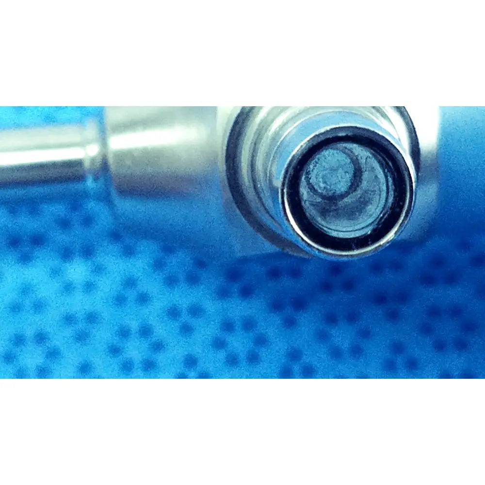 Silver-colored metallic vape cartridge with clear glass chamber and threaded metal base for ideal eyes 5mm endoscope