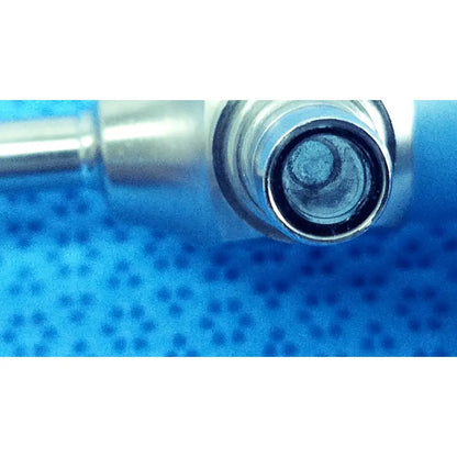 Silver-colored metallic vape cartridge with clear glass chamber and threaded metal base for ideal eyes 5mm endoscope