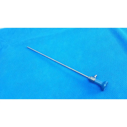 Blue-handled surgical endoscope with slender metallic shaft ideal eyes 5mm autoclavable for precise medical use