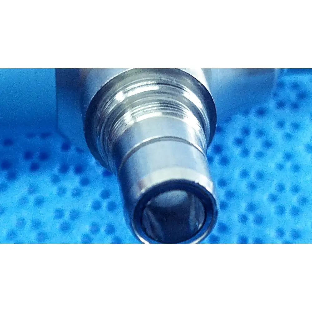 Shiny metallic cylindrical connector with threaded sections and polished finish for stryker ideal eyes 5mm endoscope