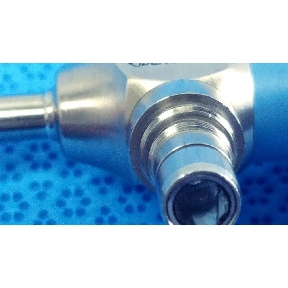 Silver-colored metallic connector of stryker ideal eyes 5mm 0° autoclavable endoscope showing threaded cylindrical design