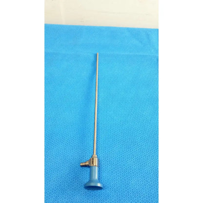 Silver surgical ideal eyes 5mm endoscope with blue handle and brass-colored joint for autoclavable use