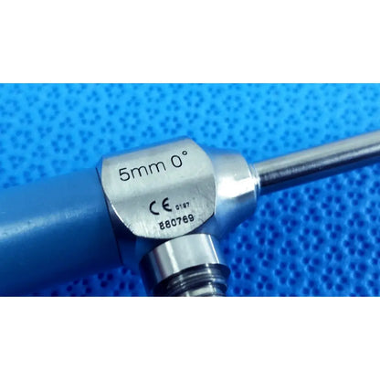 Silver ideal eyes 5mm 0° surgical endoscope with blue handle and metallic joints for autoclavable use